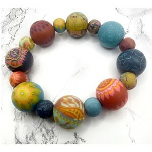 Chunky Hand Painted Polymer Clay Stretch Bracelet Colorful Boho Artisan 9"